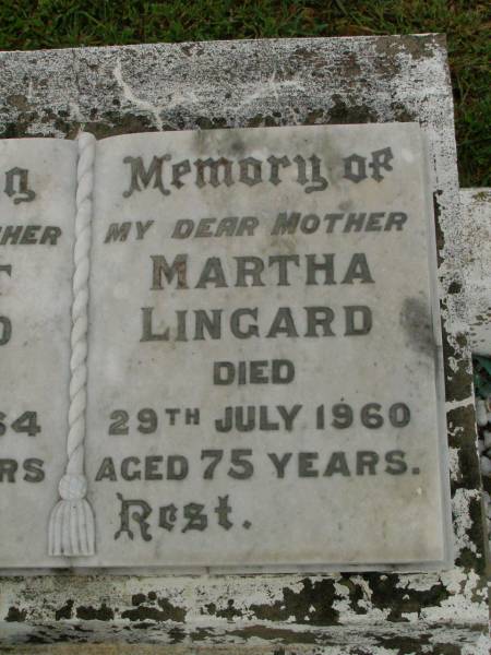 Robert LINGARD,  | father,  | died 16 Sep 1964 aged 79 years;  | Martha LINGARD,  | mother,  | died 29 July 1960 aged 75 years;  | Clarence Godfrey,  | son of R. & M. LINGARD,  | died 30? May 1920 aged 3 years;  | Killarney cemetery, Warwick Shire  | 