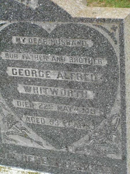 Margaret Elizabeth WHITWORTH,  | mother,  | died 30 April 1951 aged 65 years;  | George Alfred WHITWORTH,  | husband father brother,  | died 22 May 1946 ageed 53 years;  | Killarney cemetery, Warwick Shire  |