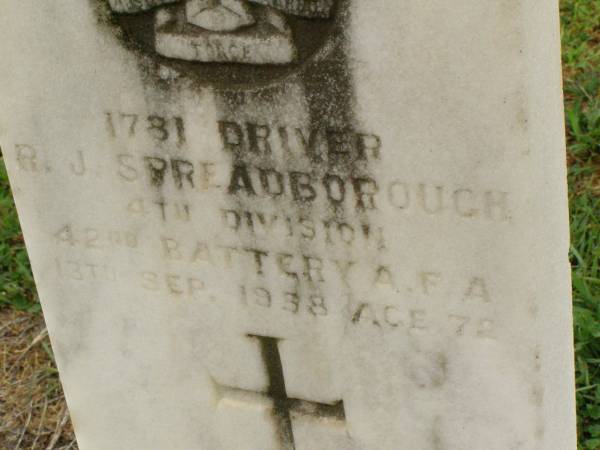 R.J. SPREADBOROUGH,  | died 13 Sept 1958 aged 72 years;  | Killarney cemetery, Warwick Shire  | 