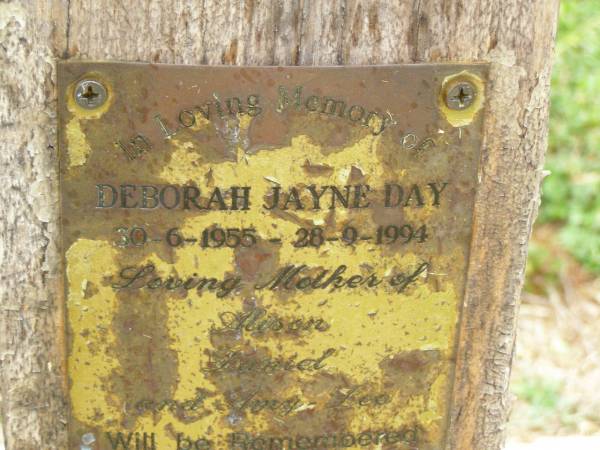 Deborah Jayne DAY,  | 30-6-1955 - 28-9-1994,  | mother of Alison, Daniel, & Amy-Lee;  | Killarney cemetery, Warwick Shire  | 