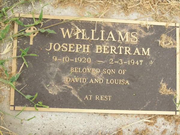 Joseph Bertram WILLIAMS,  | 9-10-1920 - 2-3-1947,  | son of David & Louisa;  | Killarney cemetery, Warwick Shire  | 