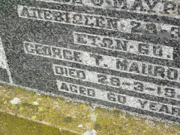 George T. MAUROMATIS,  | died 29-3-1942 aged 60 years;  | Killarney cemetery, Warwick Shire  |