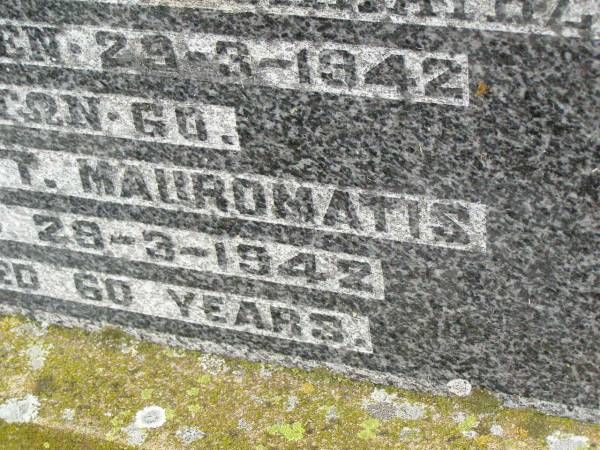 George T. MAUROMATIS,  | died 29-3-1942 aged 60 years;  | Killarney cemetery, Warwick Shire  | 