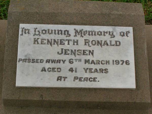 Kenneth Ronald JENSEN,  | died 6 March 1976 aged 41 years;  | Killarney cemetery, Warwick Shire  | 