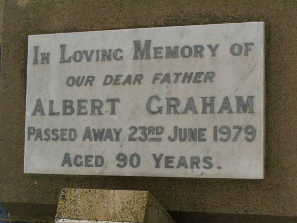 Albert GRAHAM,  | father,  | died 23 June 1979 aged 90 years;  | Ethel GRAHAM,  | wife mother,  | died 28 Jan 1966 aged 73 years;  | Killarney cemetery, Warwick Shire  | 