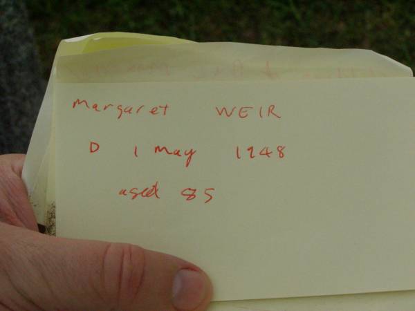 Margaret WEIR,  | mother,  | died 1 Nov 1948 aged 85 years;  | Killarney cemetery, Warwick Shire  | 