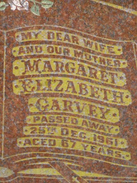 James Henry GARVEY,  | father,  | died 25 June 1973 aged 89 years;  | Margaret Elizabeth GARVEY,  | wife mother,  | died 25 Dec 1961 aged 67 years;  | Killarney cemetery, Warwick Shire  | 