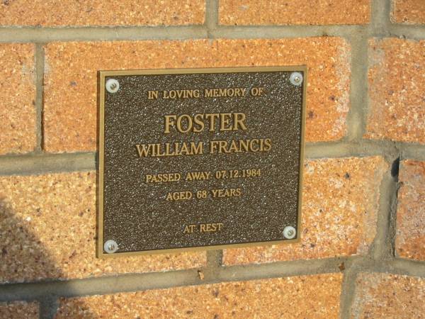 William Francis FOSTER,  | died 07-12-1984 aged 68 years;  | Killarney cemetery, Warwick Shire  | 