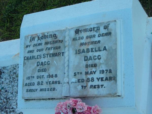 Charles Stewart dAGG,  | husband father,  | died 15 Oct 1958 aged 82 years;  | Isabella DAGG,  | mother,  | died 5 May 1972 aged 88 years;  | Killarney cemetery, Warwick Shire  |   |   | 
