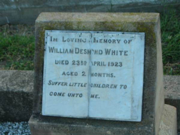 David WHITE,  | died 4 May 1930 aged 71 years;  | Jane WHITE,  | died 3 Aug 1946 aged 81 years;  | William Desmond WHITE,  | died 23 April 1923 aged 2 months;  | Killarney cemetery, Warwick Shire  | 