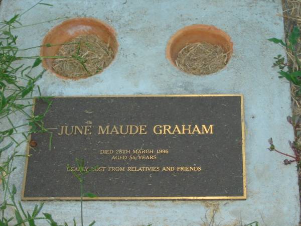 June Maude GRAHAM,  | died 28 March 1996 aged 55 years;  | Killarney cemetery, Warwick Shire  | 