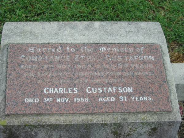 Constance Ethel GUSTAFSON,  | died 19 Nov 1943 aged 52 years;  | Charles GUSTAFSON,  | died 3 Nov 1988 aged 91 years;  | Killarney cemetery, Warwick Shire  | 