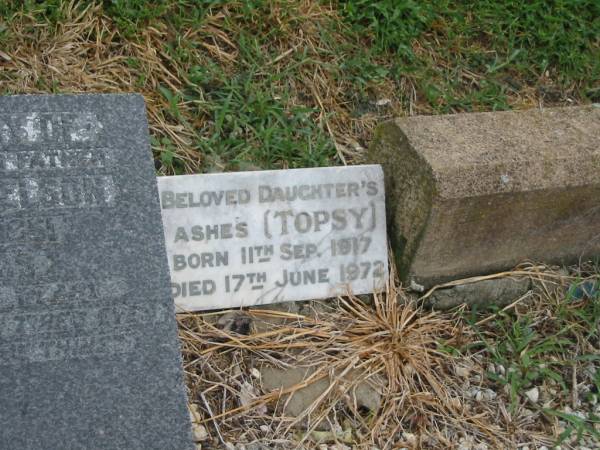 Alfred Ludwig NELSON,  | husband father,  | died 13 July 1951 aged 66 years;  | Topsy (ashes),  | daughter,  | born 11 Sept 1917,  | died 17 June 1972;  | Killarney cemetery, Warwick Shire  | 