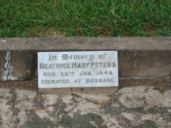 Cuthbert Edward PETERS,  | died 20 Jan 1939 aged 42 years;  | Susan PETERS,  | died 27 Sept 1937 aged 80 years;  | Beatrice Mary PETERS,  | died 30 Jan 1940,  | cremated Brisbane;  | John PETERS,  | died 25 Sept 1937 aged 81 years;  | Killarney cemetery, Warwick Shire  | 