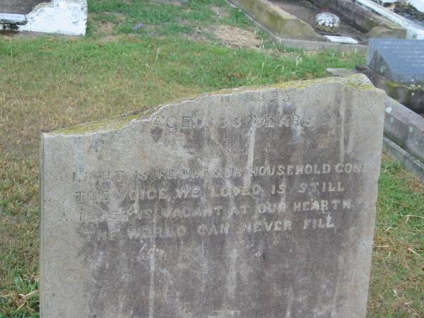 Mary Flint,  | wife of Thomas REID,  | died 11 Nov 1895 aged 33 years;  | Killarney cemetery, Warwick Shire  | 