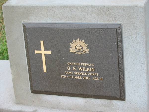 G.E. WILKIN,  | died 9 ct 2003 aged 86 years;  | Killarney cemetery, Warwick Shire  | 
