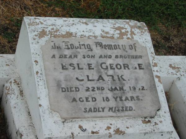Leslie George CLARK,  | son brother,  | died 22 Jan 1932? aged 18 years;  | Killarney cemetery, Warwick Shire  | 