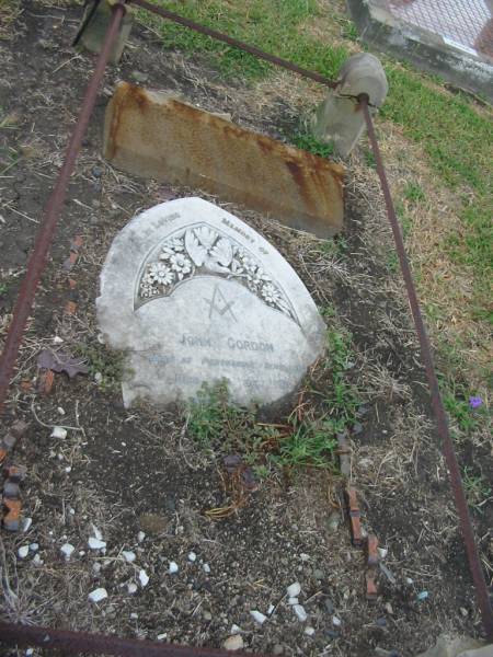 John GORDON,  | born Perthshire Scotland,  | died 9 Dec 1911 aged 64 years;  | Killarney cemetery, Warwick Shire  | 