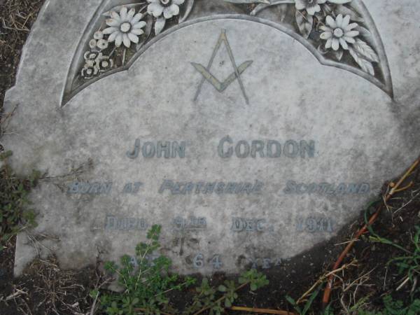 John GORDON,  | born Perthshire Scotland,  | died 9 Dec 1911 aged 64 years;  | Killarney cemetery, Warwick Shire  | 