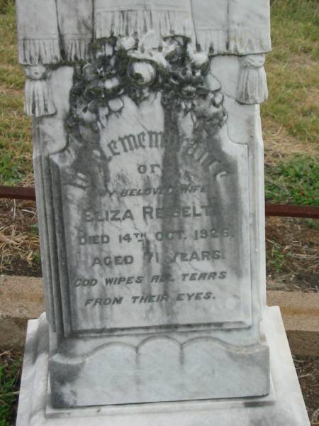Eliza REIBELT,  | wife,  | died 14 Oct 1926 aged 71 years;  | Killarney cemetery, Warwick Shire  | 