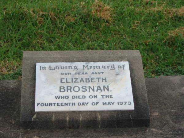 Elizabeth BROSNAN,  | aunt,  | died 14 May 1973;  | Killarney cemetery, Warwick Shire  | 