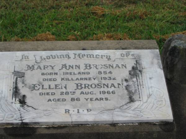 Mary Ann BROSNAN,  | born Ireland 1854,  | died Killarney 1932;  | Ellen BROSNAN,  | died 28 Aug 1966 aged 86 years;  | Killarney cemetery, Warwick Shire  |