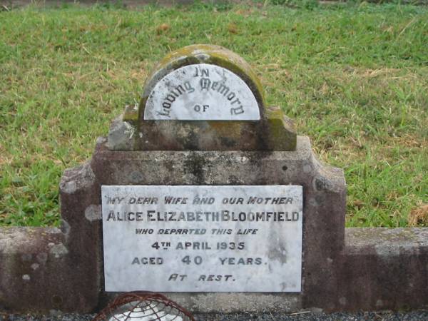 Alice Elizabeth BLOOMFIELD,  | wife mother,  | died 4 April 1935 aged 40 years;  | Edward Alfred BLOOMFIELD,  | father,  | died 1 April 1950 aged 73 years;  | Killarney cemetery, Warwick Shire  |
