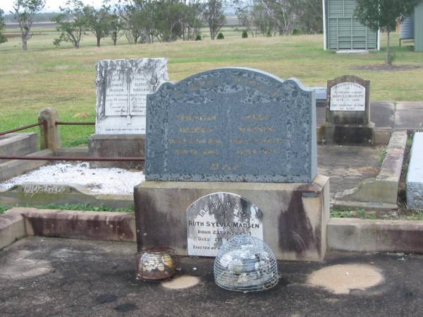 Christina MADSEN,  | died 25 Aug 1934 aged 62 years;  | Mads MADSEN,  | died 22 Jan 1931 aged 61 years;  | Ruth Sylvia MADSEN,  | born 22 Nov 1915,  | died 1 Feb 1916,  | erected by parents;  | Killarney cemetery, Warwick Shire  |