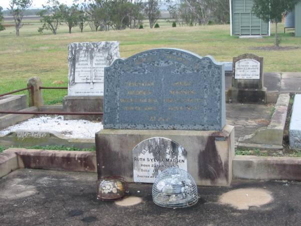 Christina MADSEN,  | died 25 Aug 1934 aged 62 years;  | Mads MADSEN,  | died 22 Jan 1931 aged 61 years;  | Ruth Sylvia MADSEN,  | born 22 Nov 1915,  | died 1 Feb 1916,  | erected by parents;  | Killarney cemetery, Warwick Shire  | 