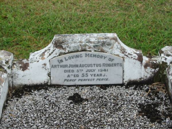 Arthur John Augustus ROBERTS,  | father,  | died 5 July 1941 aged 55 years;  | Killarney cemetery, Warwick Shire  |