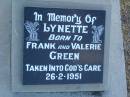 
Lynette,
child of Frank & Valerie GREEN,
died 26-2-1951;
Killarney cemetery, Warwick Shire
