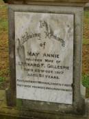 
May Annie,
wife of Leonard F. GILLESPIE,
mother,
died 23 Oct 1917 aged 31 years;
Killarney cemetery, Warwick Shire
