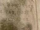 
Elizabeth SCHUSSER,
wife of John SCHUSSER,
born 14 Feb 1833,
died 19 July 1908;
Killarney cemetery, Warwick Shire
