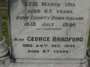 Sarah, wife of George BRADFORD, born County Down Ireland 16 July 1846, died 27 March 1911 aged 65 years; George BRADFORD, died 24 Dec 1930 aged 87 years; Georgina, wife of Raven G. BRADFORD, died 11 Feb 1912 aged 19 years; Raven Roy, infant son, died 3 May 1912 aged 3 months; Killarney cemetery, Warwick Shire 