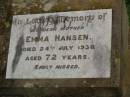 Emma HANSEN, mother, died 24 July 1936 aged 72 years; Killarney cemetery, Warwick Shire 