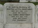 
Martha Letitia ARBUTHNOT,
died 14 Feb 1937 aged 69 years;
James ARBUTHNOT,
died 10 Dec 1941 aged 84 years;
Killarney cemetery, Warwick Shire
