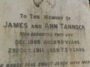 James TANNOCK, died Dec 1886 aged 68 years; Ann TANNOCK, died 2 Oct 1911 aged 73 years; erected by daughter Sarah Ann SHEAHAN, wife of Denis SHEAHAN; Killarney cemetery, Warwick Shire 