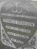Eliza GRAYSON, mother, died 10 Feb 1956 aged 86 years; Francis GRAYSON, husband father, died 31 Dec 1939 aged 75 years; Killarney cemetery, Warwick Shire 