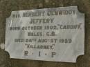 
Rev. Herbert Denwiddy JEFFERY,
born Oct 1902 Cardiff Wales G.B.,
died 24 Aug 1959 Killarney;
Killarney cemetery, Warwick Shire
