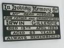 
Irwin GILLESPIE,
father grandfather,
died 19 April 1983 aged 65 years;
Killarney cemetery, Warwick Shire
