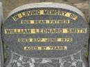 
William Leonard SMITH,
father,
died 23 June 1970 aged 87 years;
Killarney cemetery, Warwick Shire

