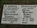 
William Benjamin JONES,
husband father,
died 1 Sept 1968 aged 78 years;
Editha Marjory Agnes JONES,
mother,
29-6-1899 - 10-5-1988;
Killarney cemetery, Warwick Shire
