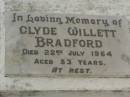 
Clyde Willett BRADFORD,
died 22 July 1964 aged 53 years;
Killarney cemetery, Warwick Shire
