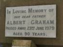 
Albert GRAHAM,
father,
died 23 June 1979 aged 90 years;
Ethel GRAHAM,
wife mother,
died 28 Jan 1966 aged 73 years;
Killarney cemetery, Warwick Shire
