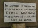 
Albert GRAHAM,
father,
died 23 June 1979 aged 90 years;
Ethel GRAHAM,
wife mother,
died 28 Jan 1966 aged 73 years;
Killarney cemetery, Warwick Shire
