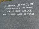 Cecil J. (Jim) HANCOCK, husband father, died 7-1-1969 aged 59 years; Killarney cemetery, Warwick Shire 