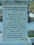 
William MUTCH,
born Rayne Aberdeenshire Scotland 12 May 1811,
died Killarney 12 Dec 1890;
Margaret Herd,
wife,
born Rayne 25 Oct 1825,
died Tannymorel 4 Sept 1908;
George Marischal MUTCH,
died 29 Nov 1940 aged 29 years;
parents;
Ila Muriel MUTCH,
born 2-8-1908,
died 20-9-1980;
Villiers Bushby MUTCH,
born 27-1-1908,
died 23-6-1987;
parents;
Florence Grace MUTCH,
died 26 May 1924 aged 51 years;
George Leslie MUTCH,
died 23 July 1941 aged 77 years;
Killarney cemetery, Warwick Shire
