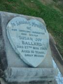 
Susan Joy BALLARD,
daughter sister,
died 27 Nov 1968 aged 10 years;
Killarney cemetery, Warwick Shire
