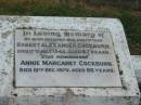Robert Alexander COCKBURN, husband father, died 17 July 1943 aged 67 years; Annie Margaret COCKBURN, died 10 Dec 1970 aged 86 years; Killarney cemetery, Warwick Shire 