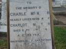 
Charles MCINTOSH,
husband of Charlotte MCINTOSH,
father,
died 26 Sept 1904 aged 72 years;
Charlotte,
wife,
died 24 April 1917 aged 78 years;
Killarney cemetery, Warwick Shire
